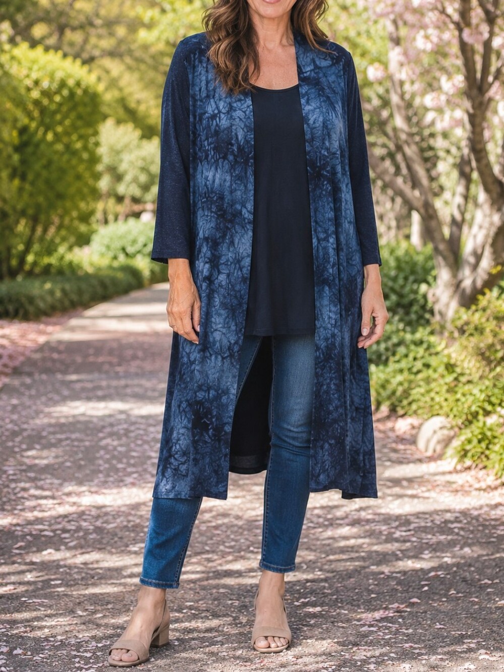 NWT Ever Sassy Navy Tie-Dye Open Front Long Cardigan Duster Oversized Boho